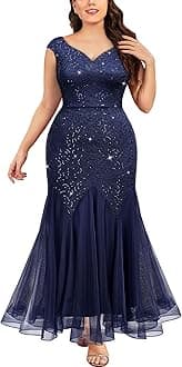 Miusol Women's Plus Size Sleeveless Sequins Lace V-Neck Tulle Mermaid Hem Formal Gown Dress