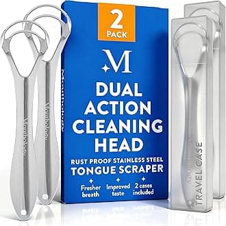 BASIC CONCEPTS Tongue Scraper for Adults (2 Pack), Reduce Bad Breath (Travel Cases Included), Stainless Steel Tongue Cleaners, 100% Metal Tongue Scraper with Case Fresh Breath Tongue Cleaner Oral
