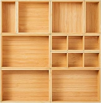 Fabsome Drawer Organizer, Set of 9 Bamboo Wood Kitchen Makeup Desk Junk Tea Drawer Storage Boxes Bins for Cutlery Silverware Utensils Flatware, Small Wooden Container Tray for Bathroom, Office