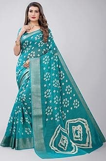 Satrani Women's Bandhani Printed Jari Patta Poly Cotton Saree With Blouse Piece
