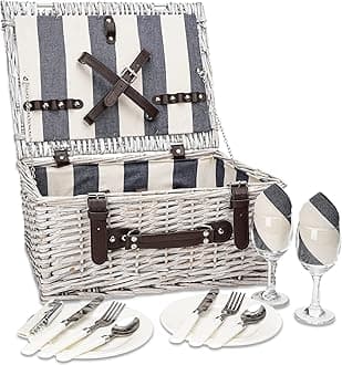 Picnic Basket for 2 Persons, Durable Wicker Picnic Hamper Set, Willow Picnic Basket Accessories Plates and Utensils, Perfect Wedding, Anniversary or Birthday Gift