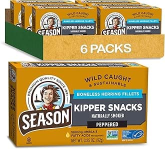 Peppered Kipper Snacks - Boneless Herring Fillets, Naturally Smoked, Wild Caught, Keto Snacks, Non-GMO, Certified Sustainable Seafood, 18g of Protein, 1800mg of Omega-3-3.25 Oz, 6-Pack