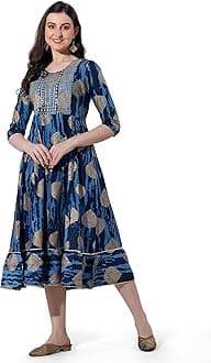 MIRCHI FASHION Women's Cotton Relaxed Fit A Line Sequins Embroidery Work Foil Printed A-Line Kurti Only