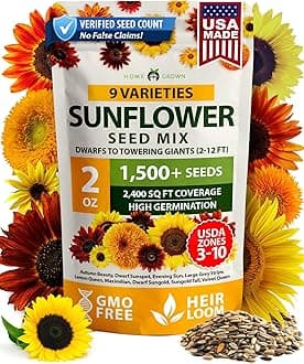 HOME GROWN Sunflower Seeds Mix Pack 1,500+ 9 Colorful Varieties of Sun Flower Seeds to Plant - 2-10ft Tall Plants, Pollinator Friendly, Easy to Grow, High Germination