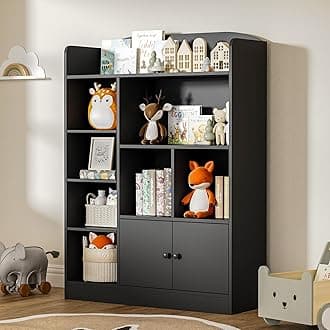 Black Kids Bookshelf, Kids Bookcase with 7 Cubbies and 2 Cabinets, Freestanding Book Storage Shelves for Bedroom, Playroom, Hallway, 35.4" W x 48" H