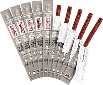 Chomps Grass-Fed & Finished Salt & Pepper Venison Jerky Meat Snack Sticks 10-Pack - Keto, Paleo, Low Carb, Whole30 Approved, 10g Lean Meat Protein, Gluten Free, Zero Sugar Food