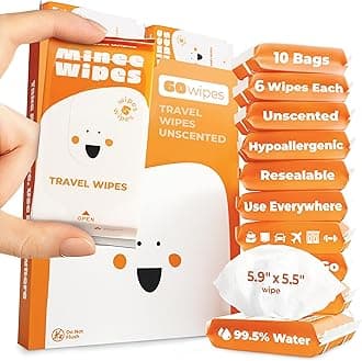 MOONIES Impossibly Compact Travel Wipes with Natural Extracts - Skin-Friendly Wet Wipes, Hypoallergenic & Unscented for Adults, Kids & Baby Care - 10 Pack Total 60 Wipes
