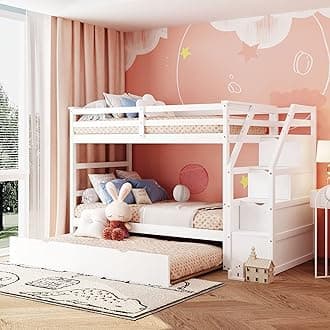Merax Twin Over Twin Bunk Bed with Storage Stairs, Wood Bunk Bed Frames with Trundle, No Box Spring Needed, White