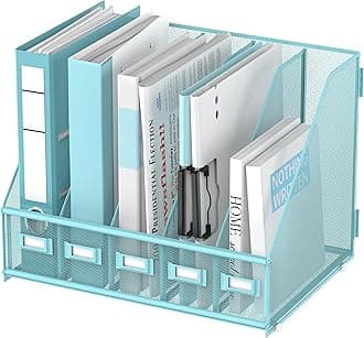 SUPEASY Desk Organizers Metal Desk Magazine File Holder with 5 Vertical Compartments Rack File Organizer for Office Desktop, Home Workspace, Blue Plus
