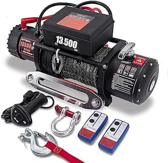 Winch13500lbs 12V Waterproof Electric Winch Synthetic Rope Truck Winch Towing Winch Boat Trailer Winch SUV 4-Wheel Drive Off-Road Vehicle with Remote Control 3/8 Synthetic Rope (Black)