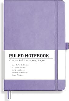 RETTACY Lined Journal Notebook, 192 Numbered Pages, A5 Medium Size (5.7'' x 8.3''), for Men & Women, Journaling, Writing, Work & Office, Leather Hardcover, 100 GSM Thick Paper (Purple)