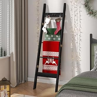 Blanket Ladder for Living Room, Decorative Quilt Rack with 4 Removable Hooks, 5-Tier Farmhouse Ladder Holder Shelf Organizer for Bedroom, Black BR02104B