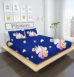 Filymore Unicorn Double bedsheet for Girls Kid bedsheet for Queen Size Bed 240 TC Microfiber Soft Cartoon bedcover for Kids Room (90x90 Inches)(Blue and White)