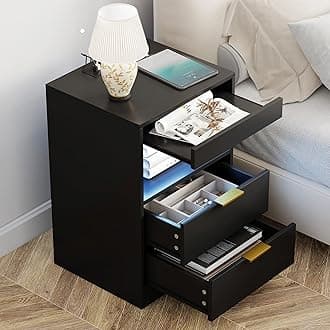 YusongNight Stand, Bedside Table, LED Nightstand with Charging Station, Modern Night Stand, Wood Sofa Couch End Side Table with 2 Pull-Out Shelf (Black)