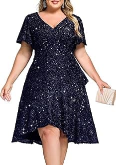 Ever-Pretty Plus Women's V Neck Short Sleeves A-line High Low Sequin Plus Size Formal Wedding Guest Dresses