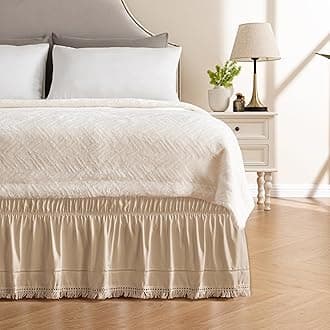 MIYE Wrap Around Ruffled Lace Bed Skirt, Elastic Dust Ruffle with Adjustable Belts, Easy to Put On, Bed Frame Cover, Machine Washable (Tassel Ruffle/Cream, Full/Twin-12.5" Drop)