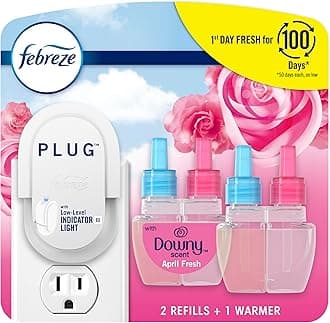 Febreze Air Freshener Plug In, Wall Diffuser, Plug in Air Fresheners for home, Downy April Fresh Scent, Odor Fighter for Strong Odors, 1 Warmer + 2 Oil Refills