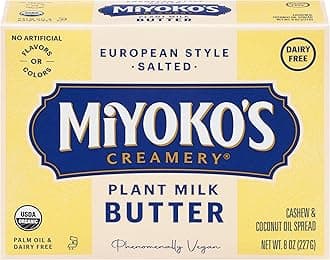 MIYOKO'S CREAMERY Organic Salted Vegan Butter, European Style Cultured Plant Milk Butter, 8 Ounce (Pack of 1)