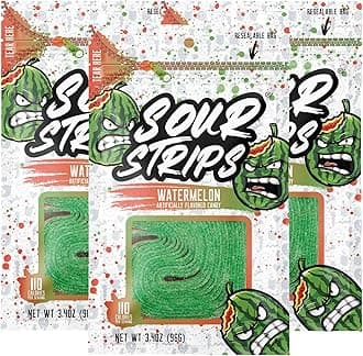 Sour Candy Belts, Watermelon, Resealable Candy Bags, 3.4 Ounce (Pack of 3)