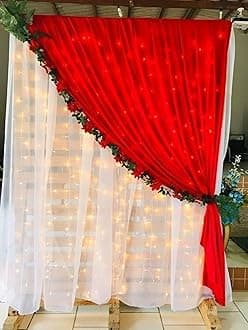 Lazybeee 7pcs Elegant Red & White Sheer Backdrop Net Cloth for a Festive Home Decor Ganpati Pandal Decoration Kit Backdrop for Pooja Decoration Janmashtami Varalakshmi Diwali Decor
