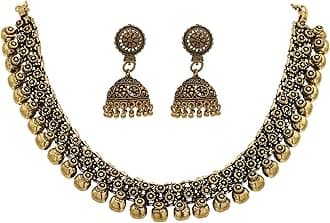 Sasitrends Golden Brass Alloy German Silver Antique Gold Necklace with Jhumki for Women (Gold)