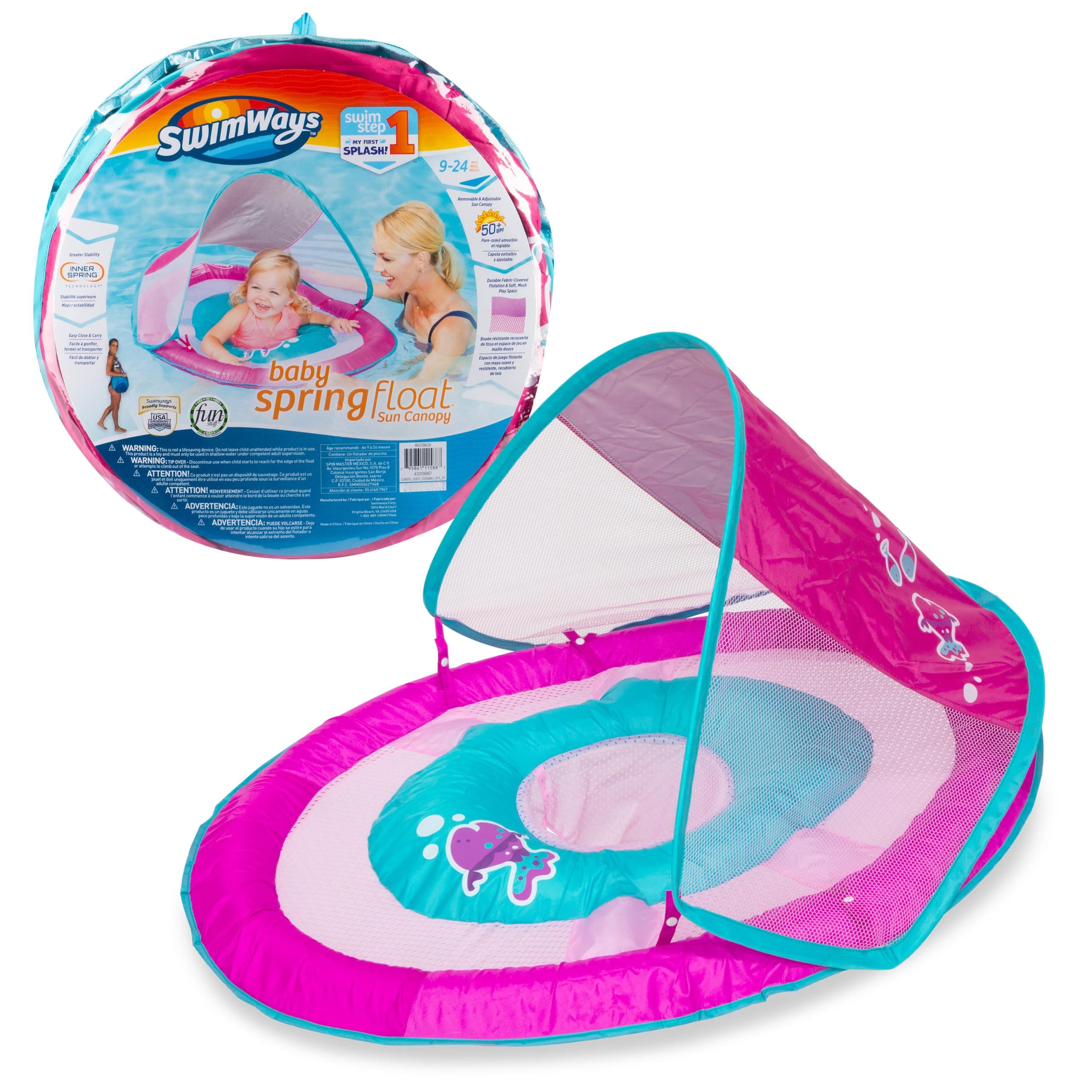 SwimWays Inflatable Baby Spring Pink Fish Round Pool Float with Protective Sun Canopy for Ages 9 to 24 Months