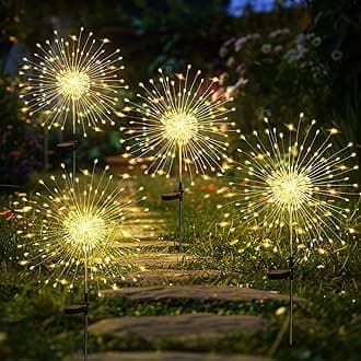 GIGALUMI Garden Decor Outdoor Lights 120LED 4Pack, Solar Garden Lights for Christmas Outside Fairy Firework Decorative,Solar Powered for Yard Pathway Flowerbed Planter Balcony Patio Decor (Warm White
