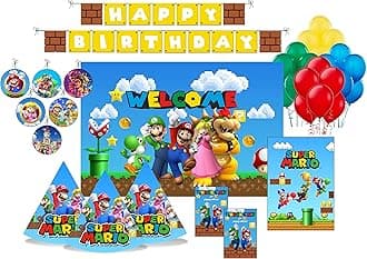 PRETTY UR PARTY Mario Bros Party Decorations Kit - 80 pcs Include Bunting, Balloons, Thank You, Centerpiece, Danglers, Caps, DIY Party Supplies Decor for Kids,Paper,Red, Blue, Green, Yellow