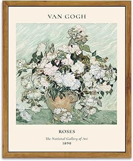 KBKBART Sage Green Framed Canvas Wall Art, Abstract Van Gogh Wall Art Exhibition Posters, Vintage Flower Art Prints Painting, Retro Boho Green Wall Decor for Aesthetic Bedroom Bathroom Decor (16"x24")