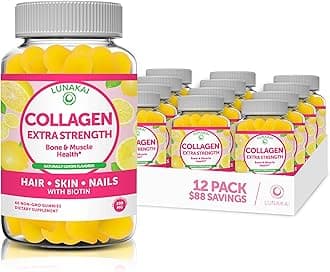 Lunakai Collagen Gummies - Tastiest Proprietary Formula - 200mg Hydrolyzed Collagen Gummies for Women and Men with Biotin, Zinc, Vitamin C and E - Non-GMO Anti Aging Supplement for Women - 12 Pack