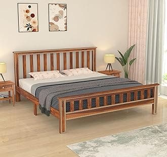 Wooden King Size Bed Without Storage | Double Bed Cot Bed with Traditional Brass Work for Bedroom & Hotel | Platform Bed/Palang | Sheesham Wood | Honey Finish, Recommended Mattress Size:78 X 72
