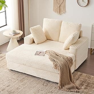 Furnimart Chaise Lounge Sofa Bed Indoor, 58 Inch Sleeper Sofa with 4 Throw Pillows, Fluffy Corduroy Loveseat Couch for Living Room, Comfy Oversized Reading Chair, Beige