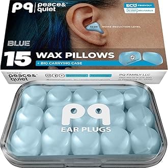 PQ Wax Ear Plugs for Sleeping, Swimming - 15 Soft Noise Cancelling Silicone Gel Wax Earplugs for Sleep and Swimmers, Ear Protection with Sound Blocking Level of 32 Db, (15-Pillows), Color: Blue
