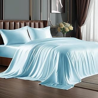 BEDELITEKing Size Sheets Set, Luxury Soft Light Blue Satin Sheets for Hair and Skin, Similar to Silk Bed Sheets Set 4 Pieces with 1 Deep Pocket Fitted Sheet, 1 Flat Sheet, and 2 Pillowcases