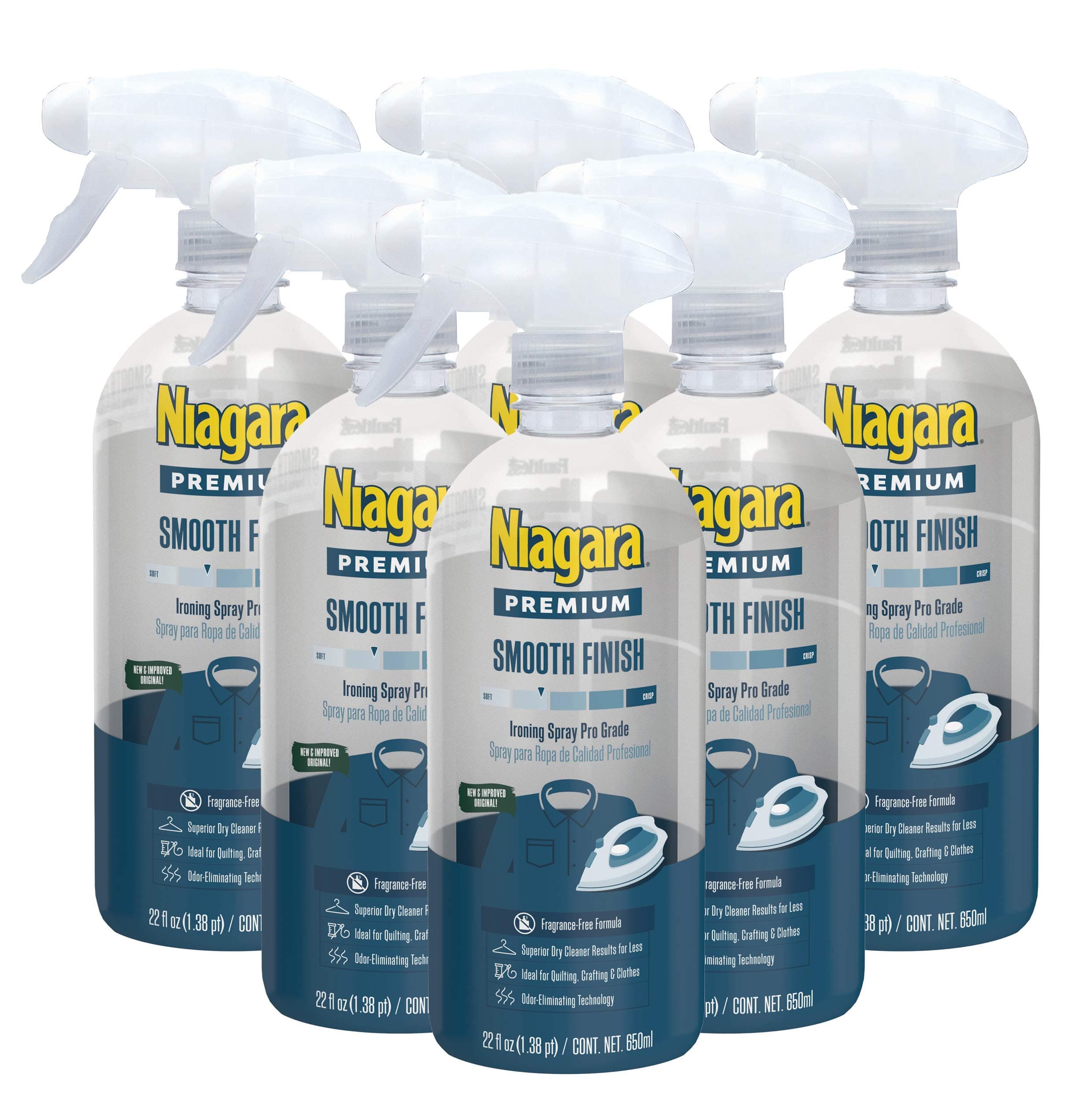 Niagara Spray Starch (22 Oz, 6 Pack) Trigger Pump Liquid Starch for Ironing, Non-Aerosol Spray on Starch, Reduces Ironing Time, No Flaking, Sticking or Clogging, Biodegradable Ingredients, Recyclable