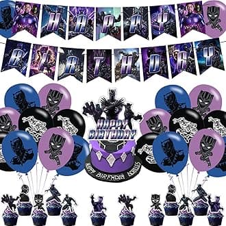 Karg Panther of Black Birthday Party Supplies - Includes Banner, Cake Topper, 12 Cupcake Toppers, 18 Balloons