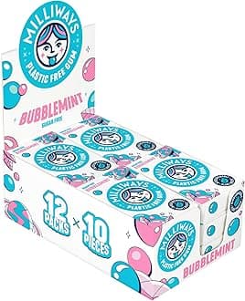 Milliways Bubblemint Chewing Gum, Plastic Free, Sugar Free, Aspartame Free, Natural | 12 Packs of 10 Pieces (120 Pieces Total) | Xylitol, Plant-Based, Biodegradable
