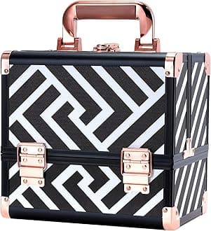 JoligraceMakeup Box Train Case Cosmetic Organizer with Mirror 3-Tier Tackle Tray Lockable Portable Travel Carrying Make-up Storage Box with Handle - Black & White Geometry Pattern