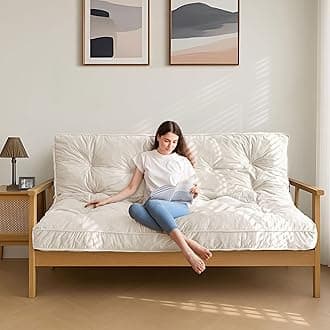 6" Futon Mattress Full Size, Velvet Thick Futons Sofa Couch Bed, Versatile Floor Mattress for Adults, Shredded Foam Filling (Frame Not Included), Beige