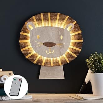 Lights4fun Wooden Lion Safari Bedroom LED Wall Light Battery Timer Remote Indoor Use