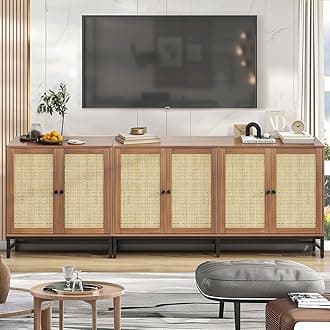 Rattan Buffet Cabinet with Storage, 90.5" Large Sideboard Accent Cabinets with 6 Doors, Mid Century Modern Console Table Cabinet for Kitchen, Living Room and Dining Room, Walnut