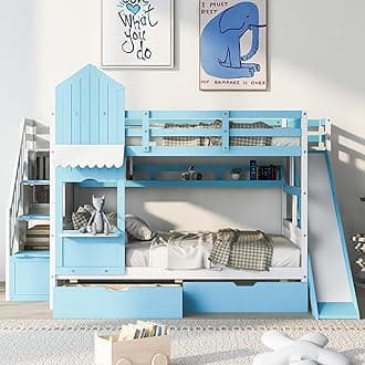 Harper & Bright Designs Full Over Full Bunk Bed with Stairs and Slide, Solid Wood Bunk Bed Frame with Storage Drawers and Bookshelf, for Kids Teens Girls Boys (Blue)