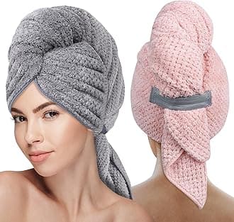 YoulerTex Microfiber Hair Towel Hair Wrap: 2 Pack 10X26 Hair Dryer Towels for Women Absorbent Turban Twist Drying Shower Cap Curly Hair Products for Hair Care Hair Accessories (11 X Large Gray Pink)