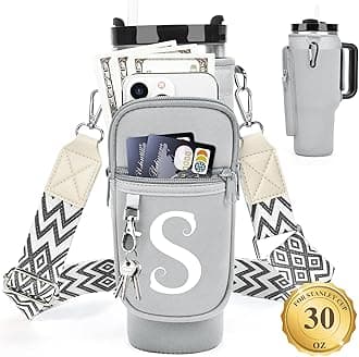 LOKASS Water Bottle Holder with Strap for Stanley Cup 30 oz Tumbler with Handle, Personalized Initial Stanley Cup Accessories, Christmas Gifts Water Bottle Carrier Bag for Women Men girls