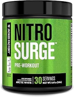 Jacked Factory NITROSURGE Pre Workout Supplement - Endless Energy, Instant Strength Gains, Clear Focus, Intense Pumps - NO Booster & Powerful Preworkout Energy Powder - 30 Servings, Arctic White