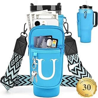 LOKASS Water Bottle Holder with Strap for Stanley Cup 30 oz Tumbler with Handle, Personalized Initial Gift, Water Bottle Carrier Bag with Phone Pocket & Carabiner for Stanley Cup Accessories