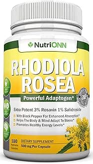 NutriONN Rhodiola Rosea - 500mg - 180 Vegan Capsules - 3% Rosavin 1% Salidroside Extract - Non-GMO - with Black Pepper for Enhanced Absorption - 6 Month Supply - Supplement for Energy & Stamina