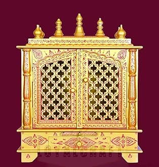 LOYALCRFAT Wooden Temple Large Size 24x12x30 Home Temple/Home mandir/god Stand for Home/Pooja Stand/Home mandap/mandapam/Pooja mandir with Doors (Large 24x12x30 WxDxH INCH, Golden)