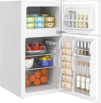 HOMCOM 3.2 Cu.Ft Mini Fridge with Freezer, Double Door Compact Refrigerator with Adjustable Thermostat, Shelf and Reversible Door for Bedroom, Dorm, Home Office, Energy Efficient, White