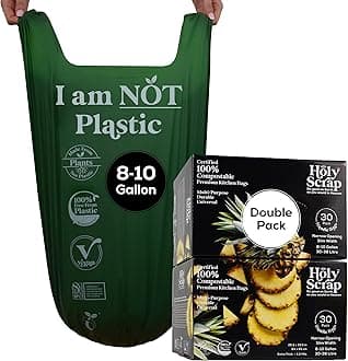 Large Slim Compostable Trash Bags - 8-10 Gallon, 60 Pack | Plastic-Free Tall Kitchen Garbage Bags & Liners with Easy-Tie Handles | Thick Bin Bag Liners for Green & Food Waste